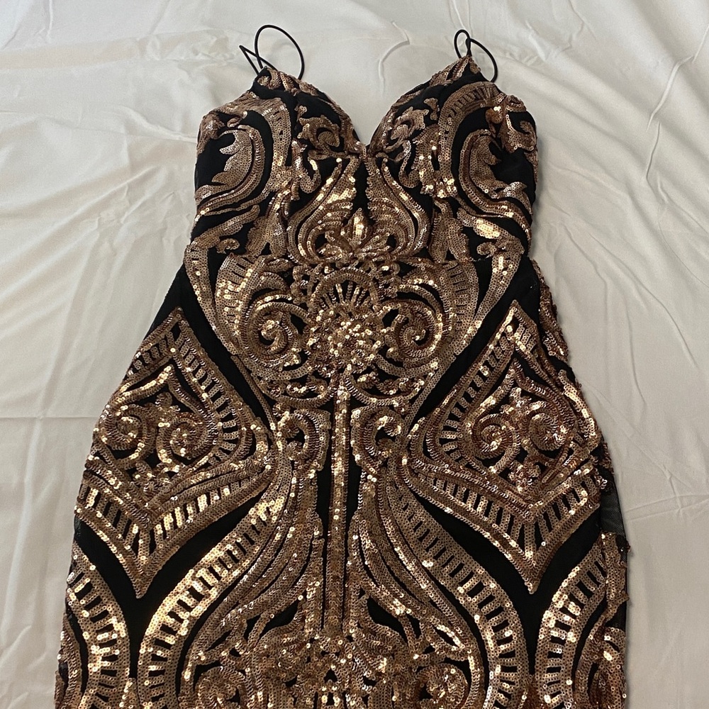 Windsor Black and Gold Strapless Dress